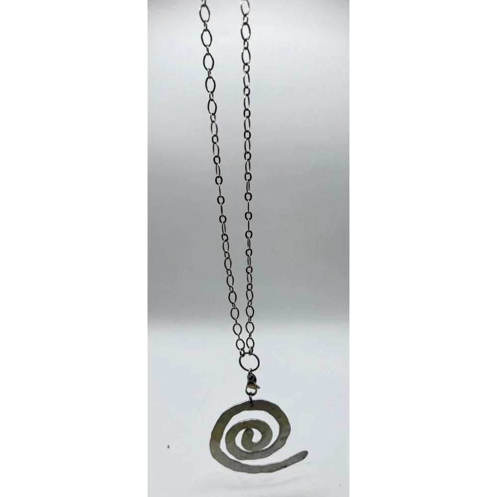 Spiral Pendant Necklace Silver Tone Hammered Metal Artisan Style